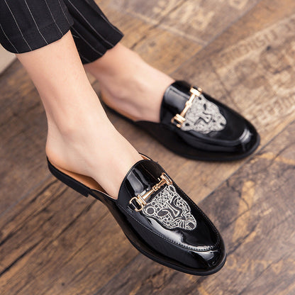 Men's Closed Toe Half Slippers: Bright Leather, Fashion Embroidery