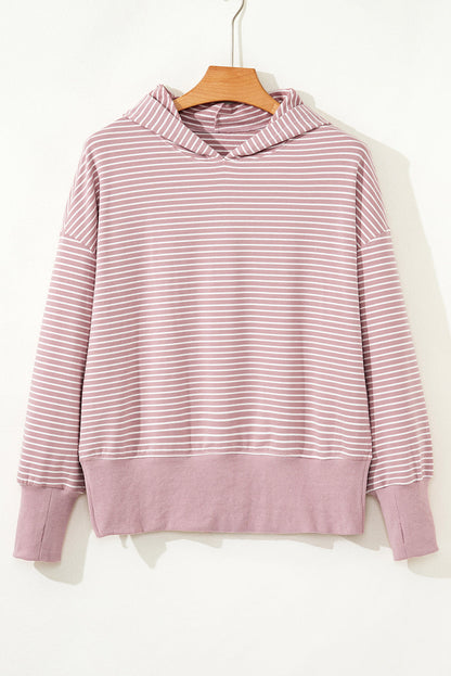 Stripe Thumbhole Side Slit Drop Shoulder Hoodie