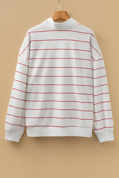 Stripe Zipped V-Neck Long Sleeve Top