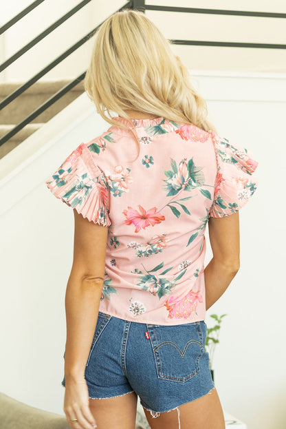 Floral Frilled V-Neck Pleated Sleeve Blouse