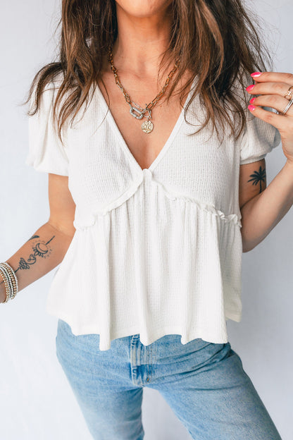 Textured Knit V-Neck Bubble Sleeve Peplum Top