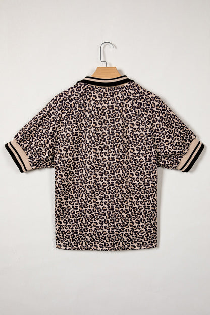 Leopard Half Zip Stripe Short Sleeve Top