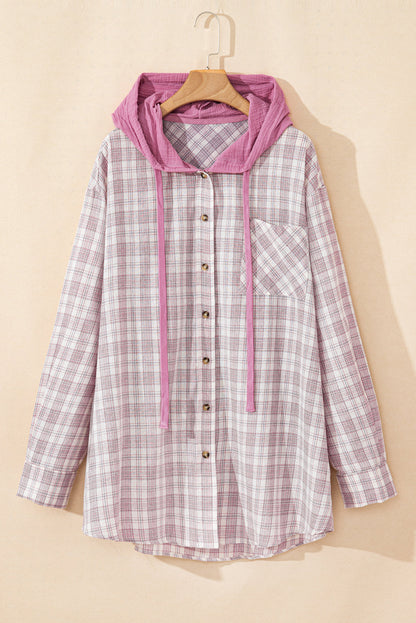 Plus Size Plaid Button-Up Chest Pocket Hooded Shirt