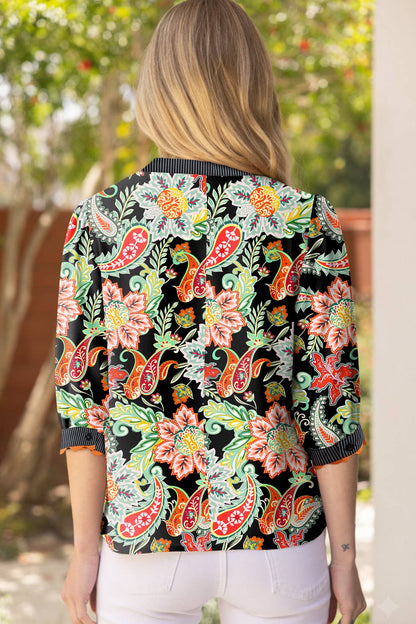 Floral Contrast Ricrac Trim Stripe Patchwork Blouse
