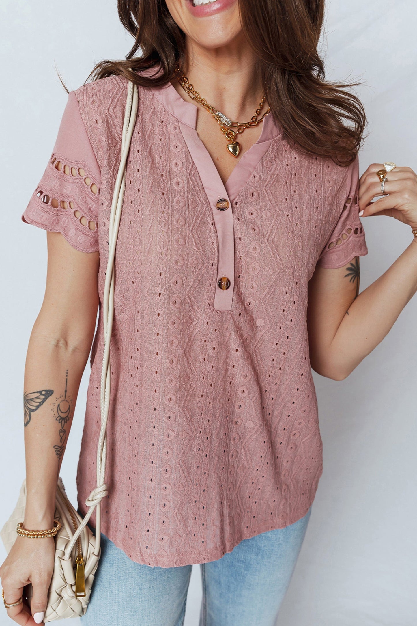 Textured Half-Button Short Sleeve Blouse
