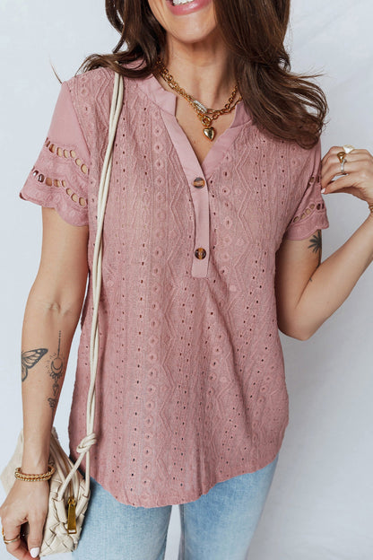 Textured Half-Button Short Sleeve Blouse
