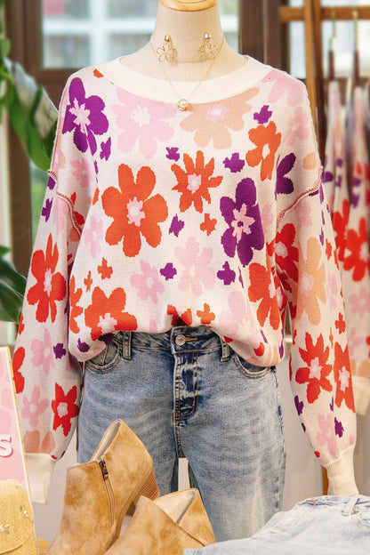 Floral Ribbed Trim Drop Shoulder Sweater