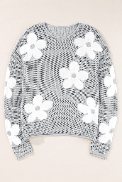 Floral Hollowed Knit Drop Shoulder Pullover Sweater