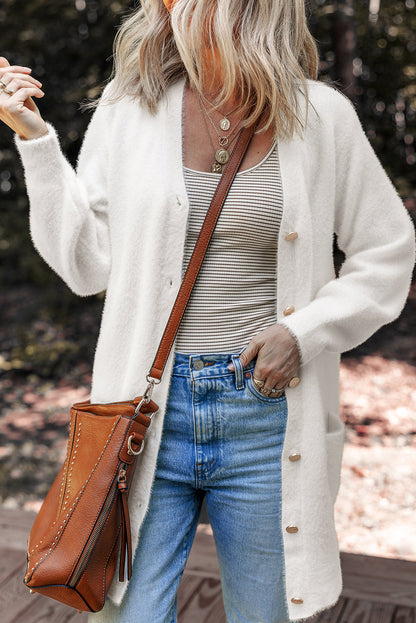 Solid Fuzzy Button-Front Cardigan