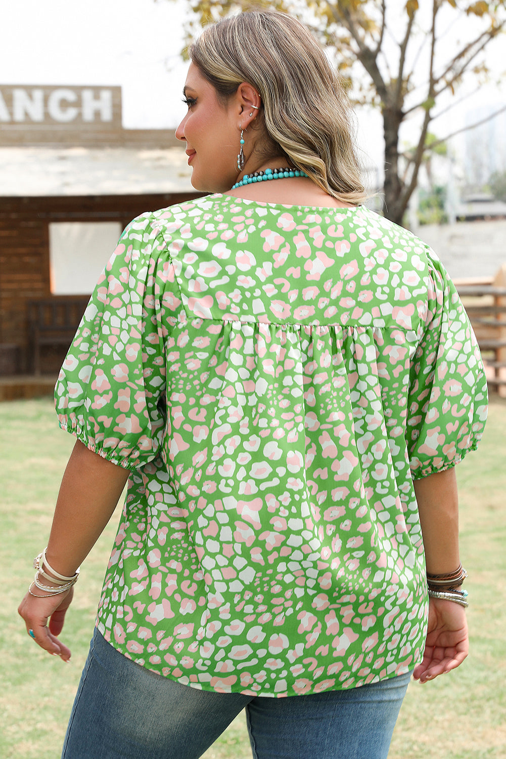 Plus Size Floral Tassel Tie Sleeve Blouse