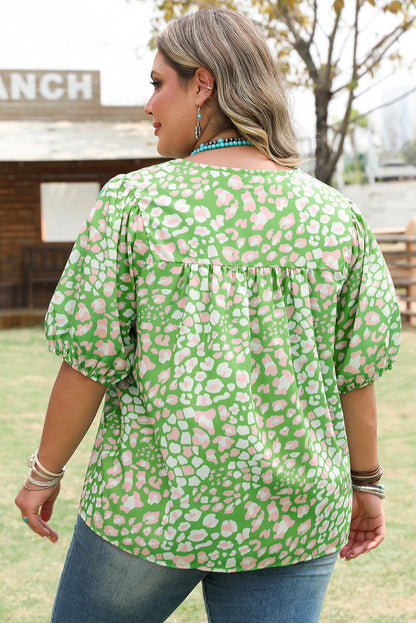 Plus Size Floral Tassel Tie Sleeve Blouse