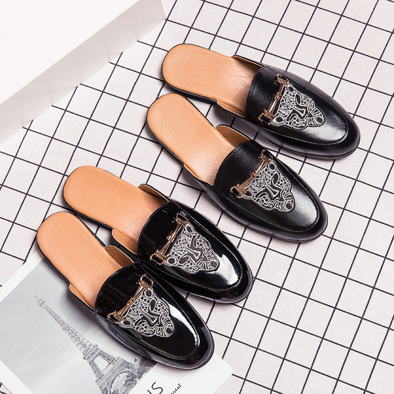 Men's Closed Toe Half Slippers: Bright Leather, Fashion Embroidery