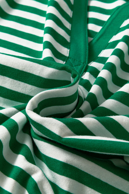 Stripe Collar V-Neck Short Puff Sleeve Top
