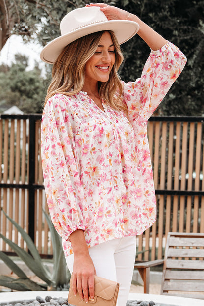 Floral Tassel Tie V-Neck Puff Sleeve Tunic Blouse