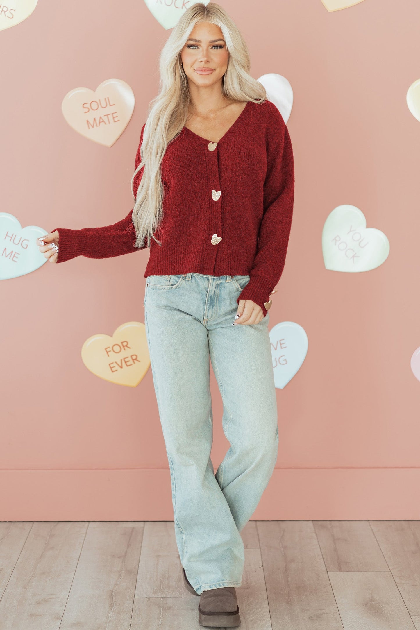 Heart Metal Button V-Neck Knit Cardigan