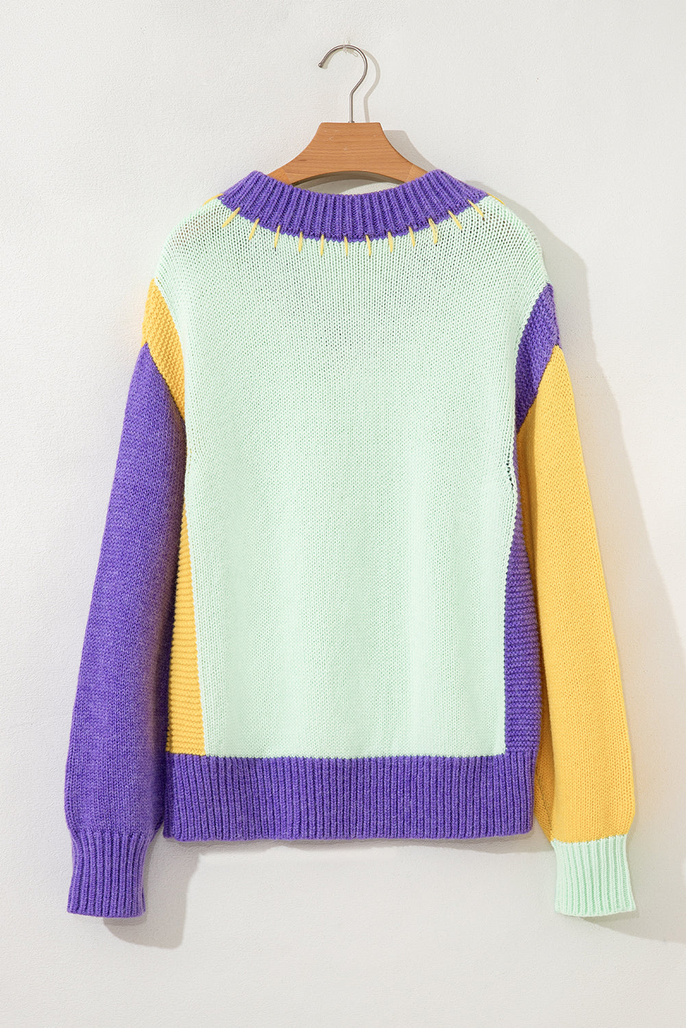 Color Block Stitched V-Neck Drop Shoulder Sweater