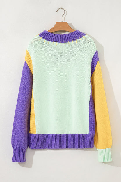 Color Block Stitched V-Neck Drop Shoulder Sweater