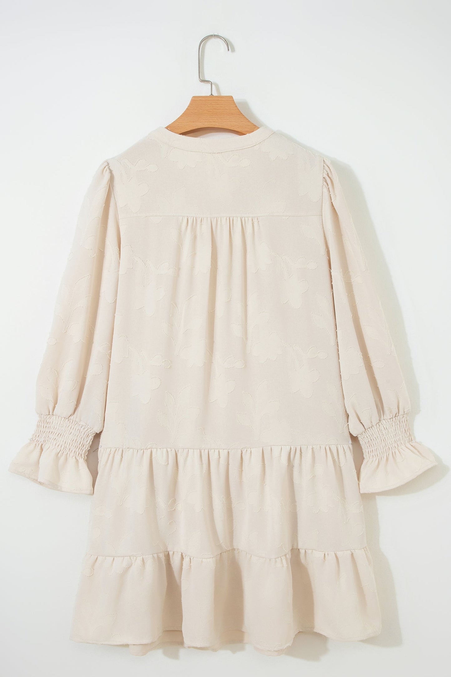 Long Sleeve Notch Jacquard Tiered Mini Dress