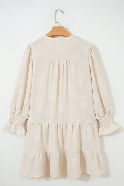 Long Sleeve Notch Jacquard Tiered Mini Dress