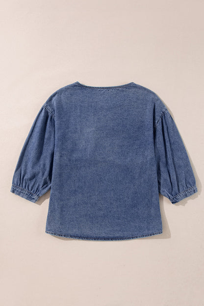 Denim 3/4 Sleeve Ruffle Patch Pocket Blouse