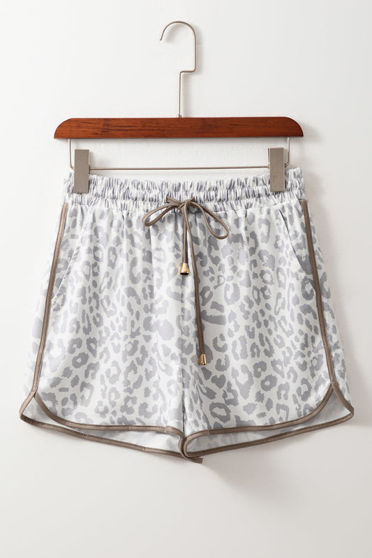 Leopard Lace-Up Contrast Trim Elastic Waistband Casual Shorts