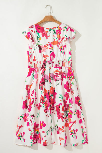 Plus Size Floral Ruffle Sleeve Midi Dress
