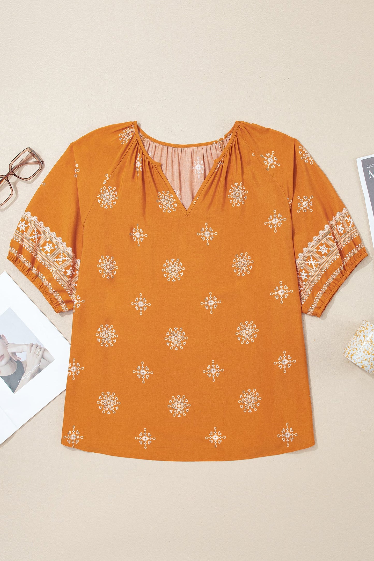 Plus Size Floral Boho Chic Notch V-Neck Top