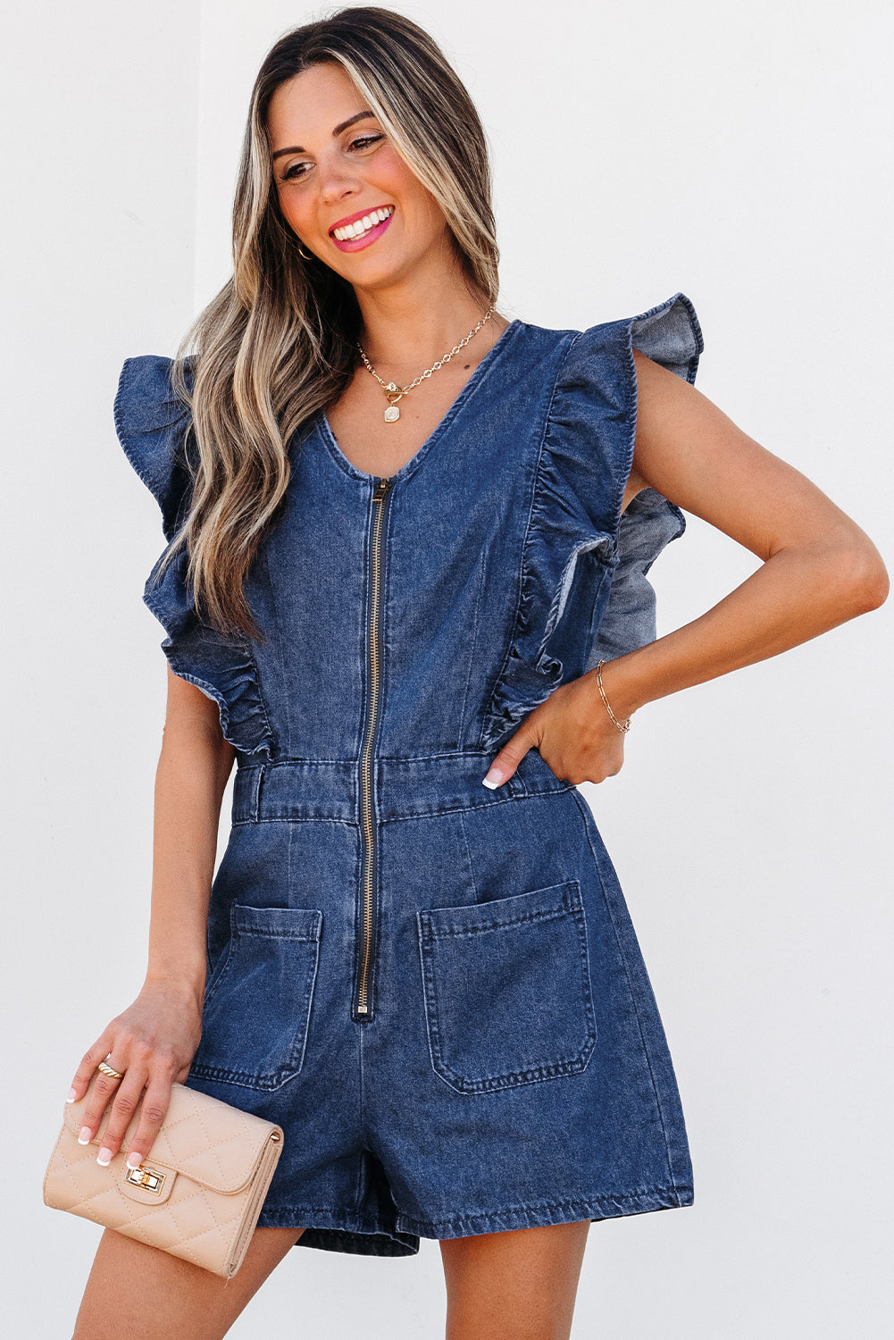 Denim Ruffle Zip Front Belted Romper