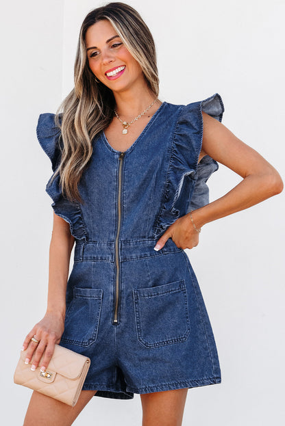 Denim Ruffle Zip Front Belted Romper