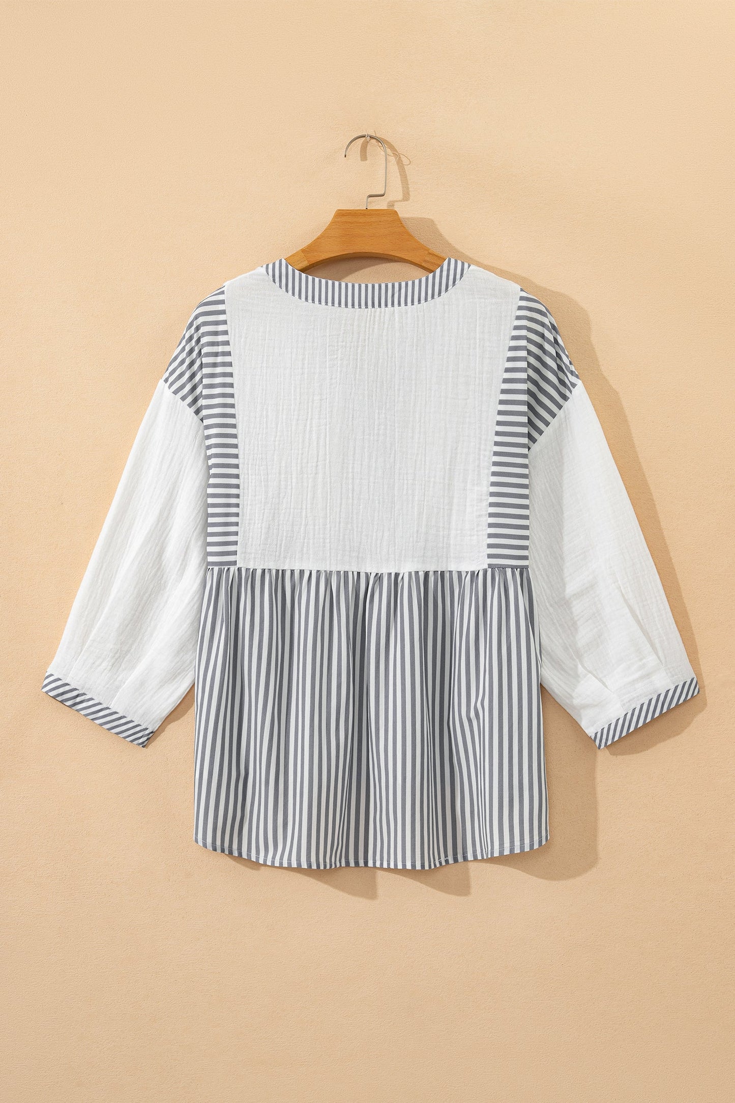 Stripe Half Button Gauze Patchwork Babydoll Blouse
