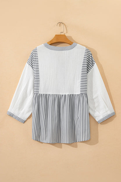 Stripe Half Button Gauze Patchwork Babydoll Blouse