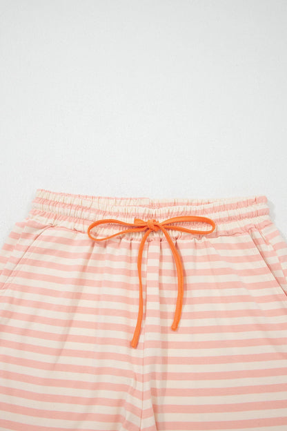 Stripe Contrast Neck Loose Tee & Drawstring Shorts Set