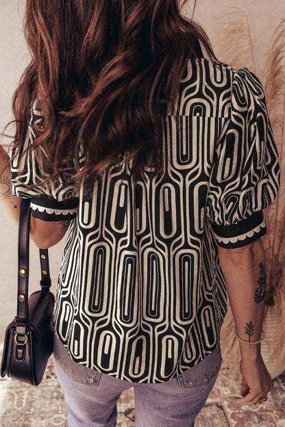 Geometric Scallop Colorblock Patchwork Blouse