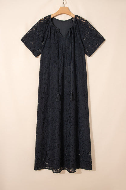 Floral Lace Overlay Tassel Tie Maxi Dress