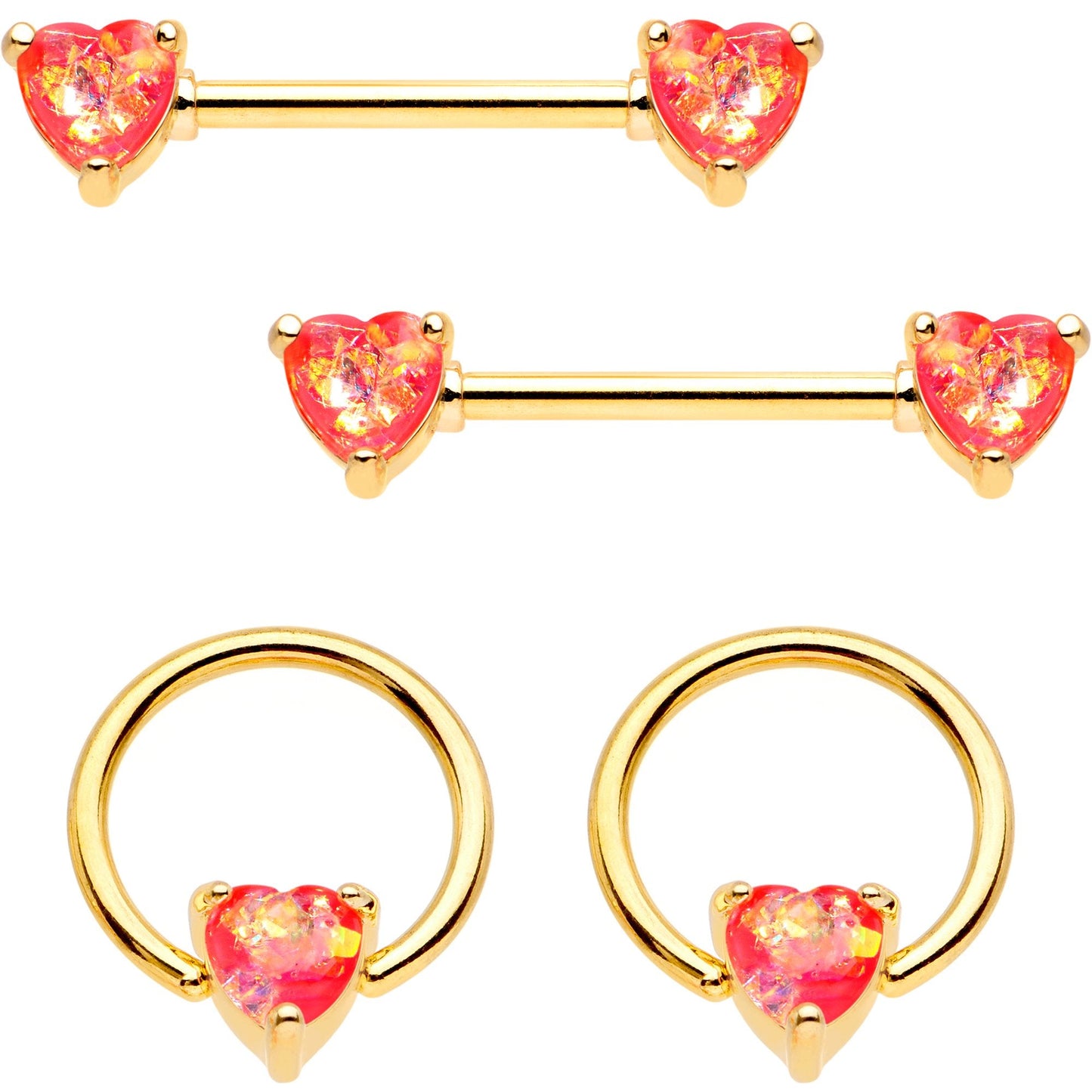 14G Coral Pink Faux Opal Heart BCR Ring Barbell Nipple Ring Set