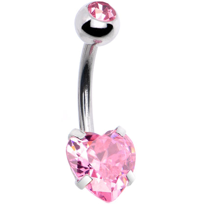 Pink CZ Gem Heart Kissed Rose Flower Dangle Belly Ring