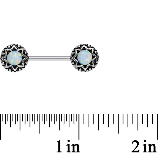 14G 5/8 White Synthetic Opal Lotus Flower Nipple Barbell Set