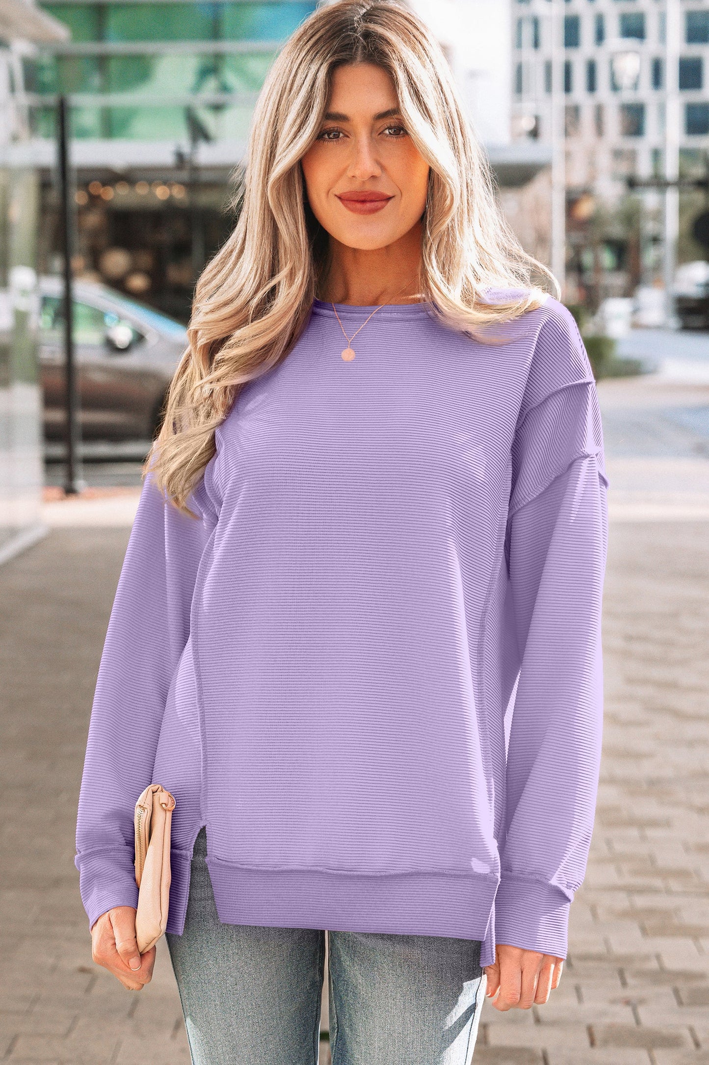 Horizontal Ribbed Exposed Seam Pullover