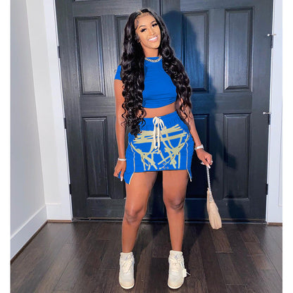 Drawstring Midriff Outfit Short Sleeves Skirt