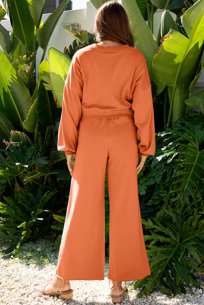 Solid Puff Sleeve Top and Drawstring Pants Set