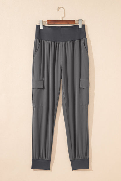 Solid Elastic High Waist Pocketed Cargo Jogger Pants