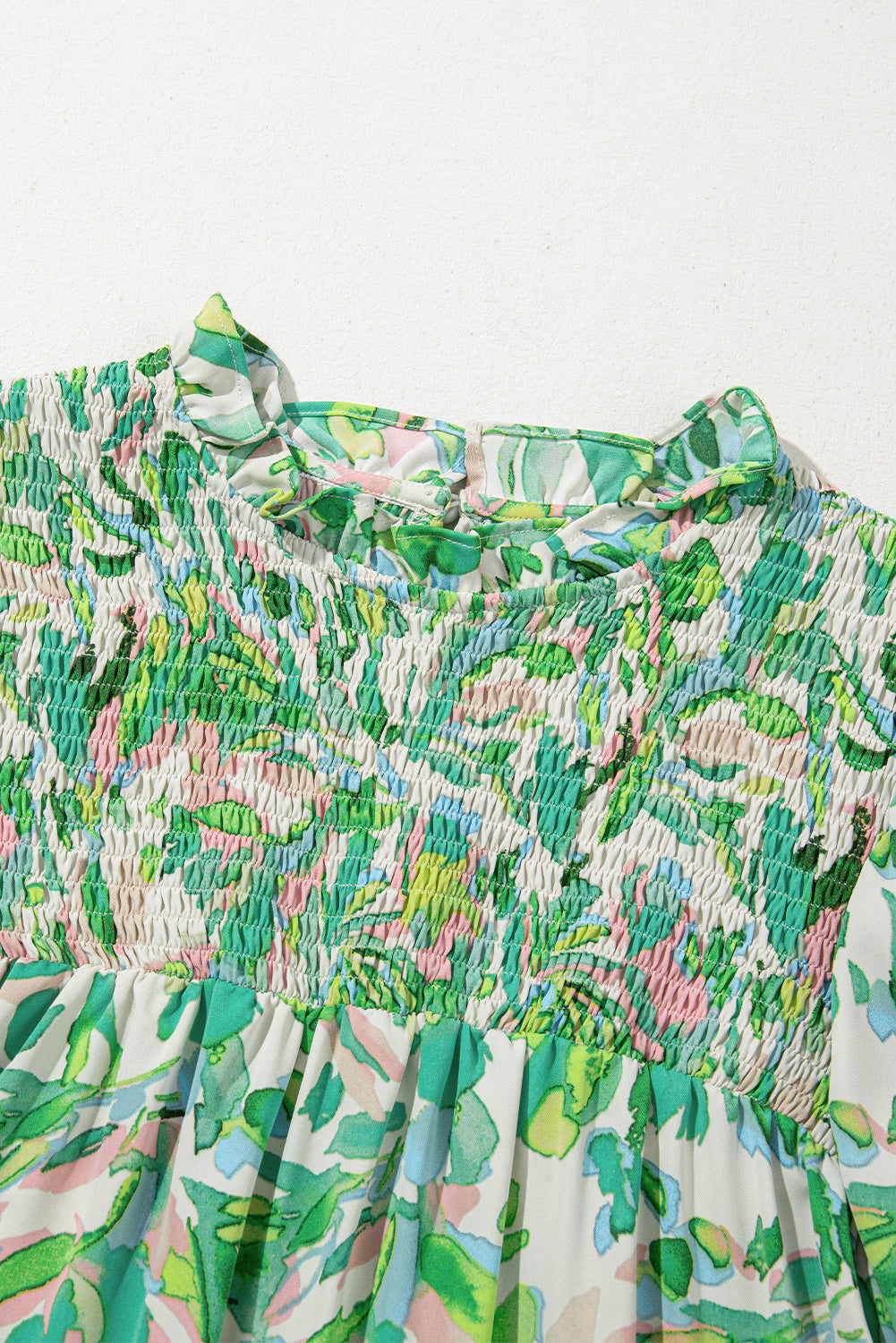 Leaf Flounce Sleeve Shirred Mock Neck Blouse