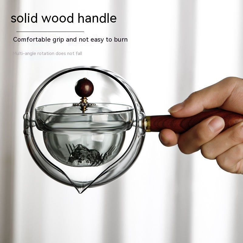 Rotary Glass Teapot with Infuser and Wooden Handle