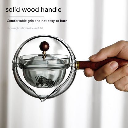 Rotary Glass Teapot with Infuser and Wooden Handle