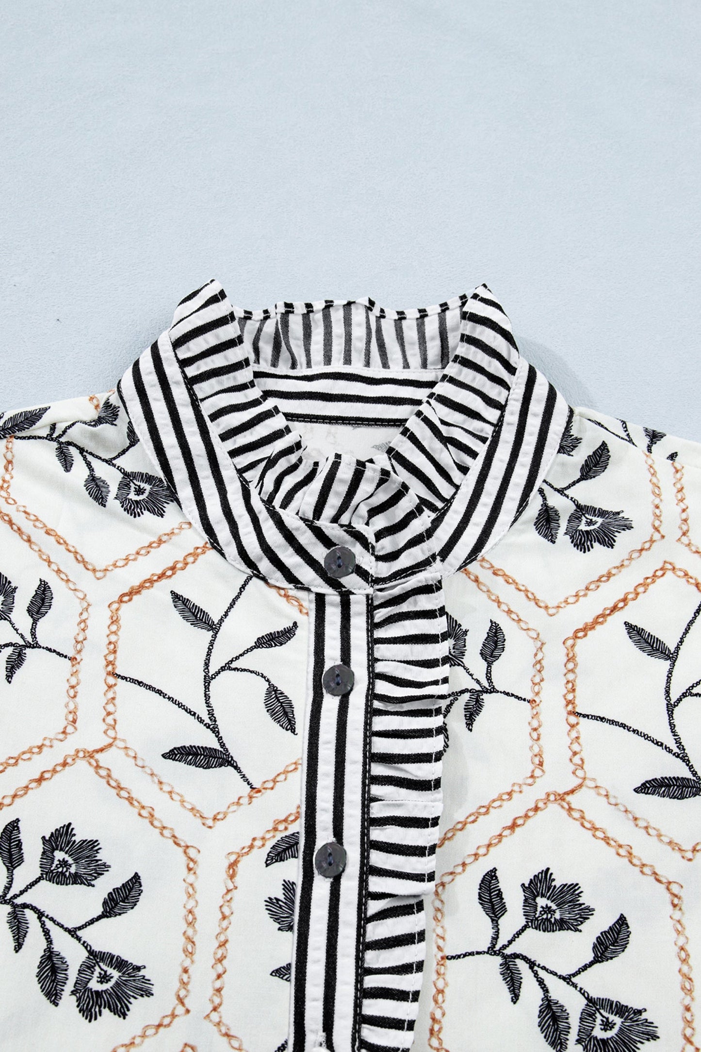 Floral Stripe Patchwork Button Neck Blouse