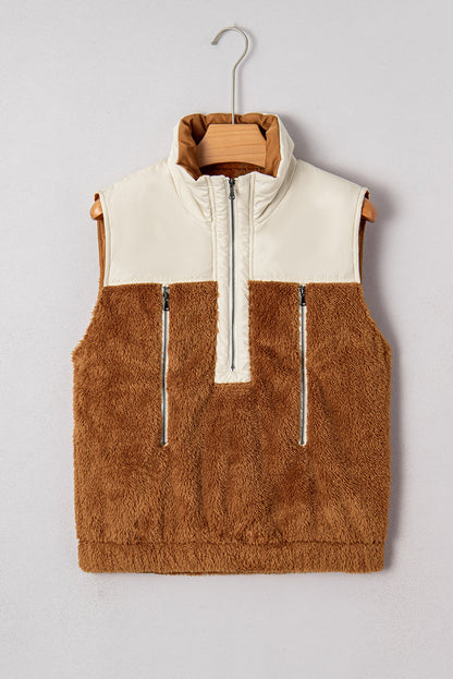 Colorblock Plush Patchwork Half-Zip Vest