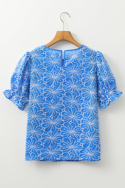 Eyelet Flower Embroidery Frilled Puff Sleeve Blouse