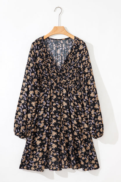 Floral Smocked V-Neck Bubble Sleeve Babydoll Dress