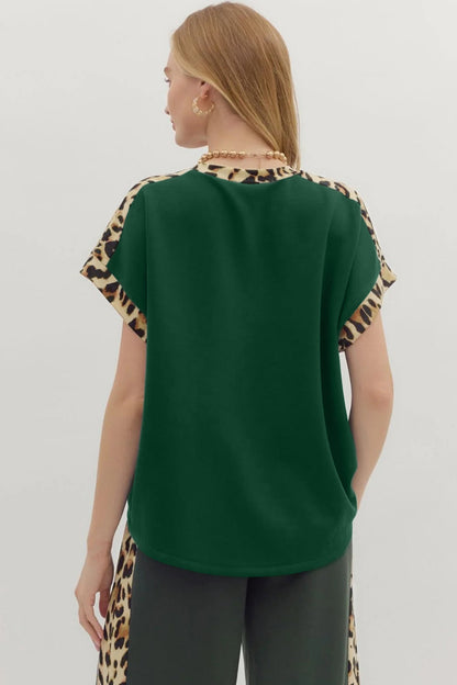 Leopard Trim Round Neck Loose T-Shirt
