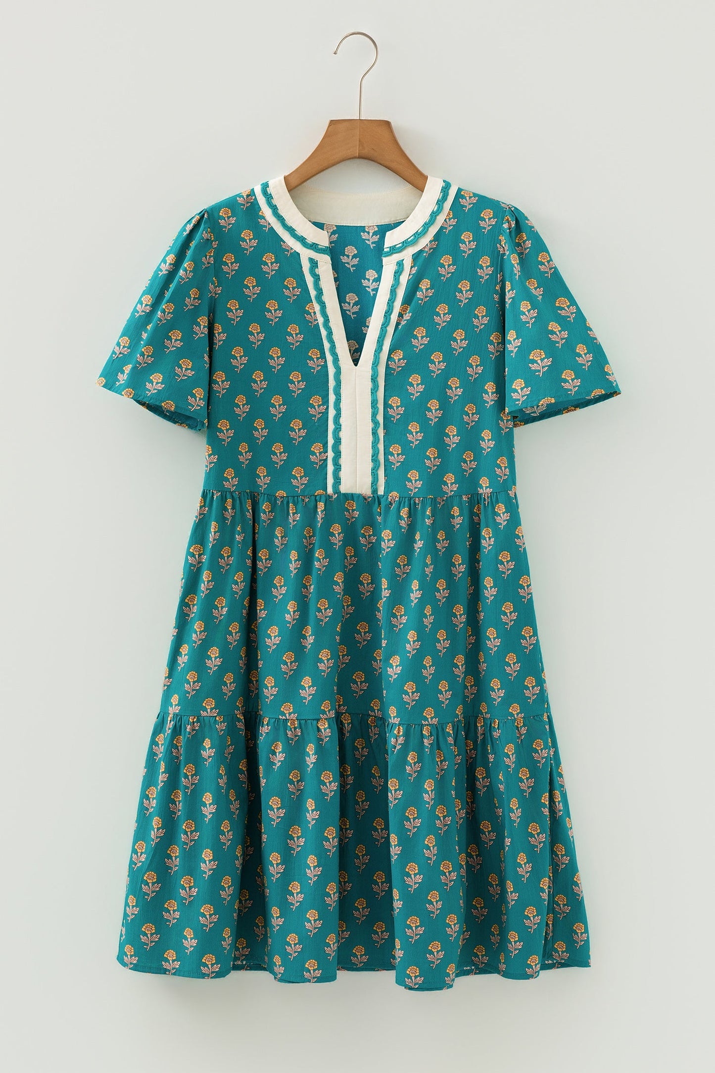 Floral V-Neck Contrast Trim Dress